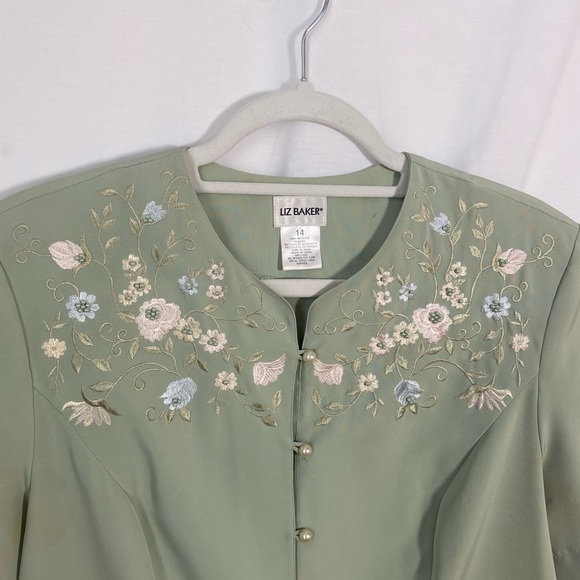 Vintage Liz Baker Green Embroidered Short Sleeve Blouse Button Down Shirt - Picture 6 of 10